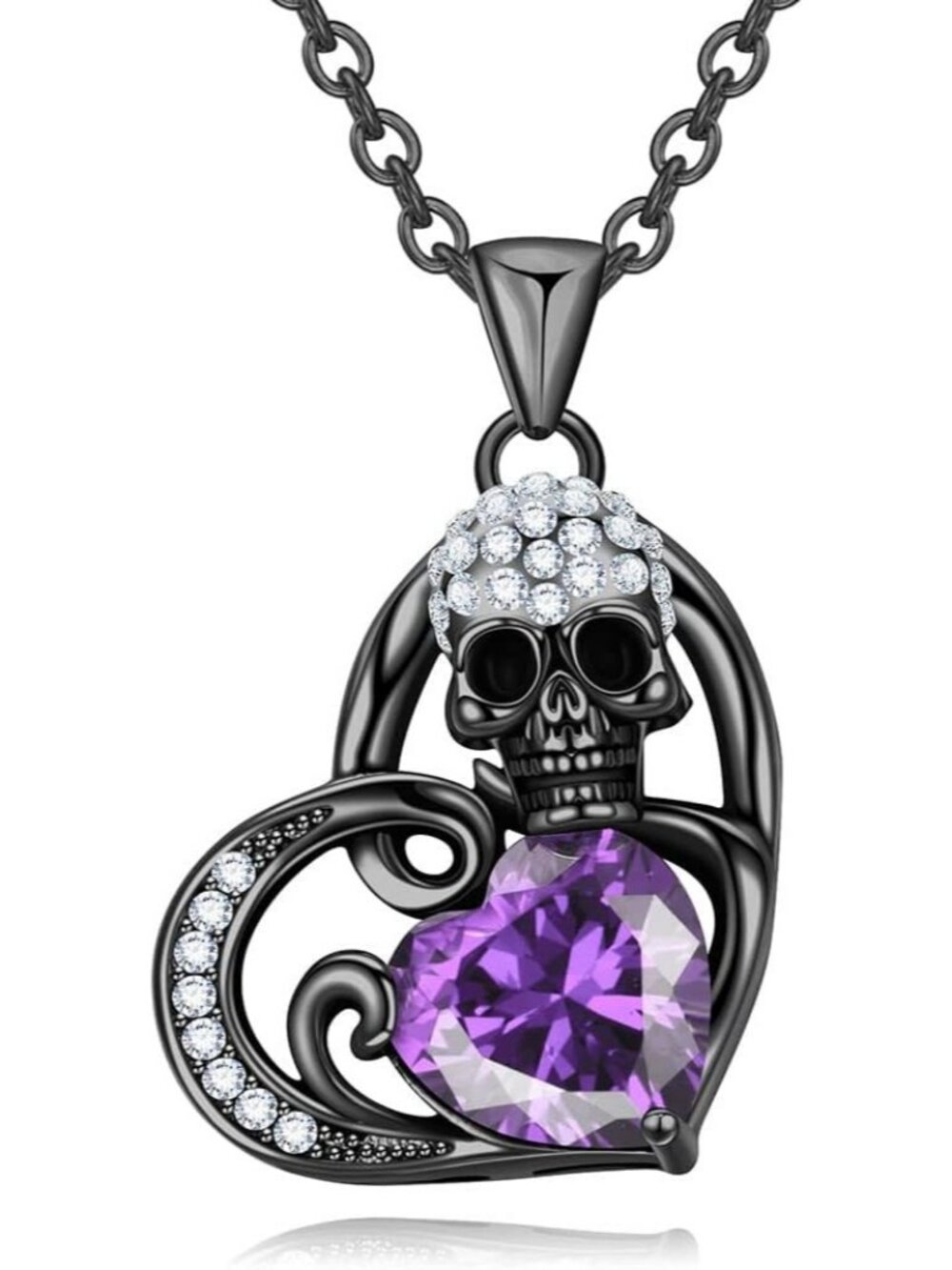 Women's Black Purple Skull Punk Birthstone Heart Crystal Zircon Chain Necklace